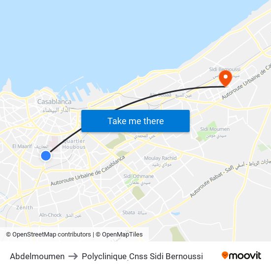 Abdelmoumen to Polyclinique ِCnss Sidi Bernoussi map