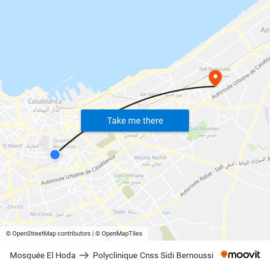 Mosquée El Hoda to Polyclinique ِCnss Sidi Bernoussi map