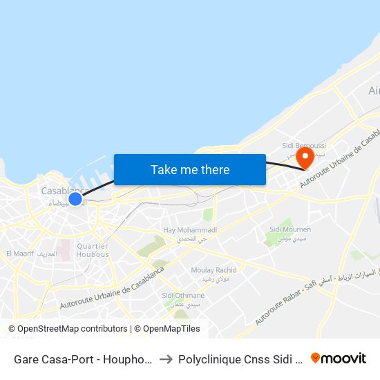 Gare Casa-Port - Houphouët-Boigny to Polyclinique ِCnss Sidi Bernoussi map