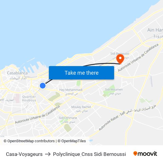 Casa-Voyageurs to Polyclinique ِCnss Sidi Bernoussi map