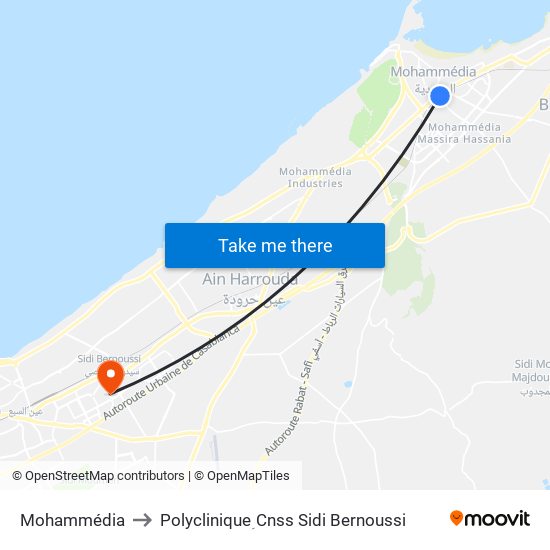 Mohammédia to Polyclinique ِCnss Sidi Bernoussi map