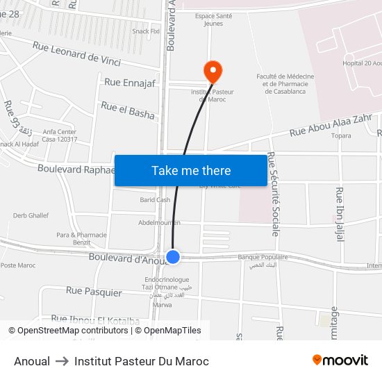 Anoual to Institut Pasteur Du Maroc map