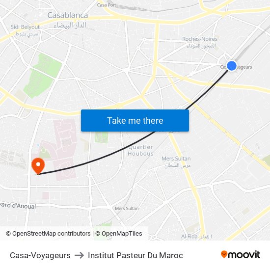 Casa-Voyageurs to Institut Pasteur Du Maroc map