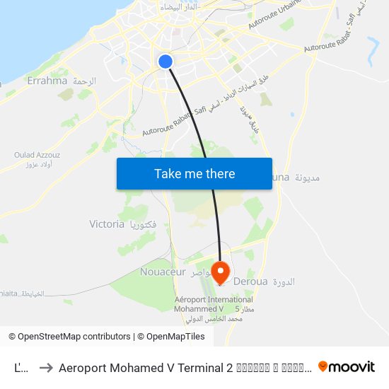 L'Oasis to Aeroport Mohamed V Terminal 2 ⴰⵣⴰⴳⵯⵣ ⵏ ⵎⵓⵃⵎⵎⴷ ⵡⵉⵙ 5 ⵜⴰⵖⵙⵔⵜ ⵜⵉⵙ ⵙⵏⴰⵜ مطار محمد الخامس صالة 2 map