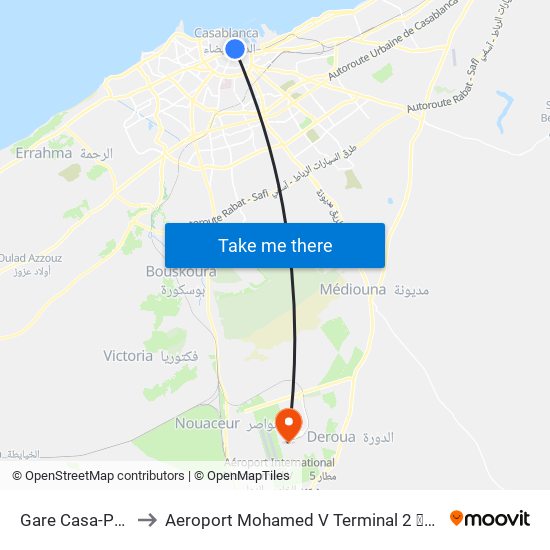 Gare Casa-Port - Houphouët-Boigny to Aeroport Mohamed V Terminal 2 ⴰⵣⴰⴳⵯⵣ ⵏ ⵎⵓⵃⵎⵎⴷ ⵡⵉⵙ 5 ⵜⴰⵖⵙⵔⵜ ⵜⵉⵙ ⵙⵏⴰⵜ مطار محمد الخامس صالة 2 map