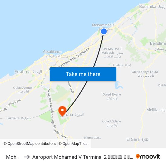 Mohammédia to Aeroport Mohamed V Terminal 2 ⴰⵣⴰⴳⵯⵣ ⵏ ⵎⵓⵃⵎⵎⴷ ⵡⵉⵙ 5 ⵜⴰⵖⵙⵔⵜ ⵜⵉⵙ ⵙⵏⴰⵜ مطار محمد الخامس صالة 2 map