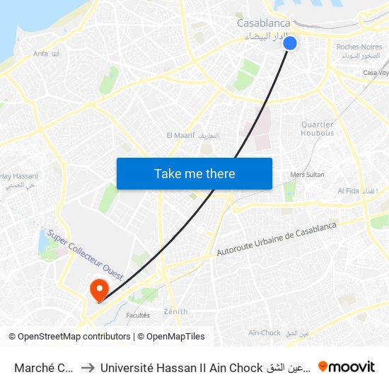 Marché Central to Université Hassan II Ain Chock جامعة الحسن الثاني عين الشق map