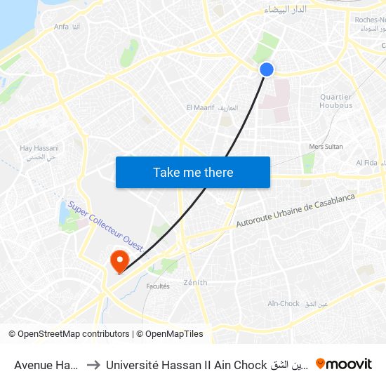 Avenue Hassan II to Université Hassan II Ain Chock جامعة الحسن الثاني عين الشق map