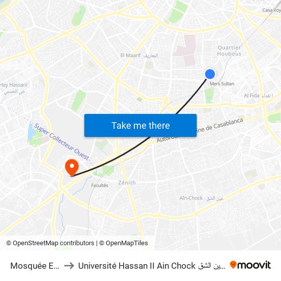 Mosquée El Hoda to Université Hassan II Ain Chock جامعة الحسن الثاني عين الشق map