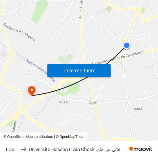 L'Oasis to Université Hassan II Ain Chock جامعة الحسن الثاني عين الشق map