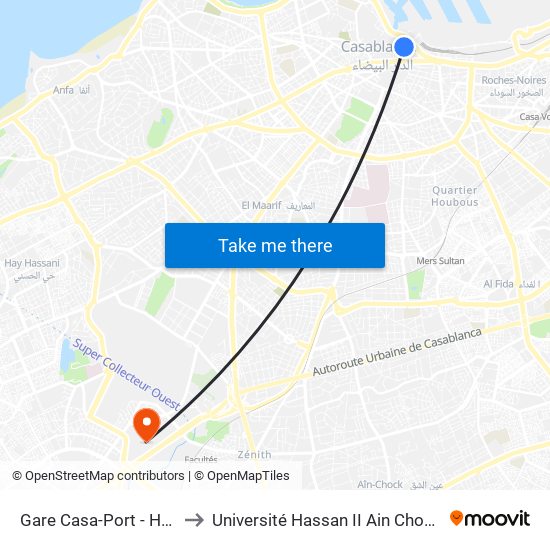 Gare Casa-Port - Houphouët-Boigny to Université Hassan II Ain Chock جامعة الحسن الثاني عين الشق map