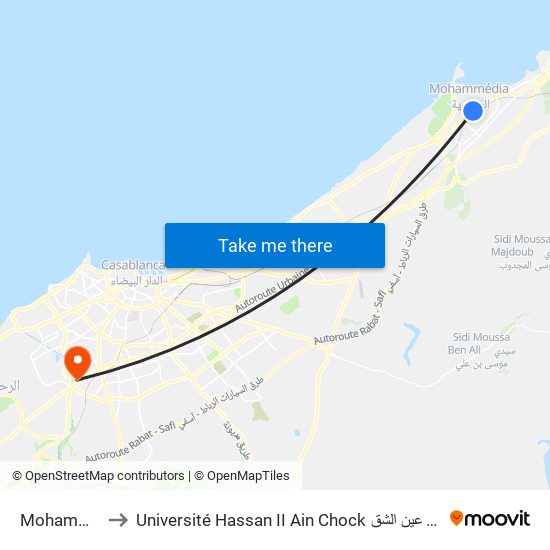 Mohammédia to Université Hassan II Ain Chock جامعة الحسن الثاني عين الشق map