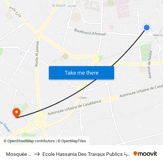 Mosquée El Hoda to Ecole Hassania Des Travaux Publics المدرسة الحسنية للأشغال العمومية map