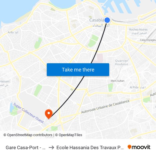 Gare Casa-Port - Houphouët-Boigny to Ecole Hassania Des Travaux Publics المدرسة الحسنية للأشغال العمومية map