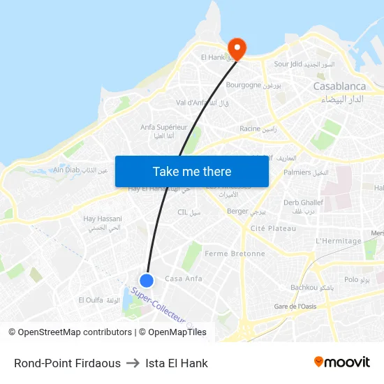 Rond-Point Firdaous to Ista El Hank map