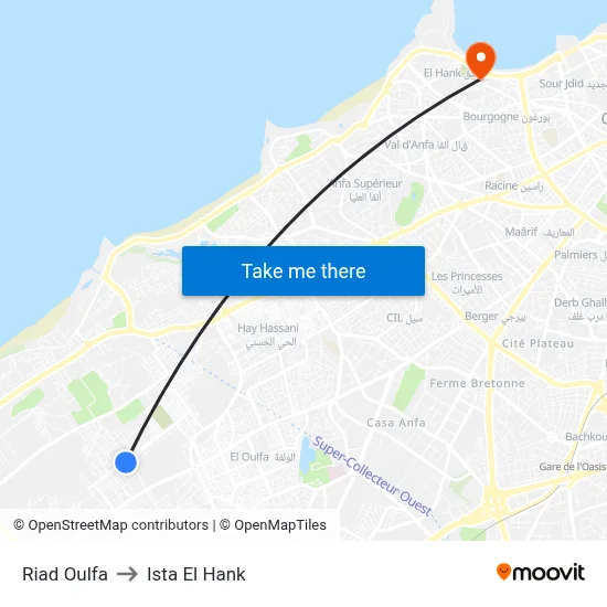 Riad Oulfa to Ista El Hank map