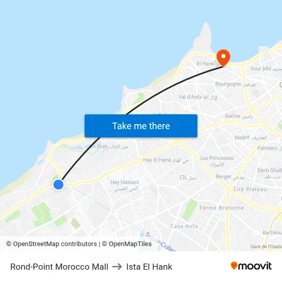 Rond-Point Morocco Mall to Ista El Hank map
