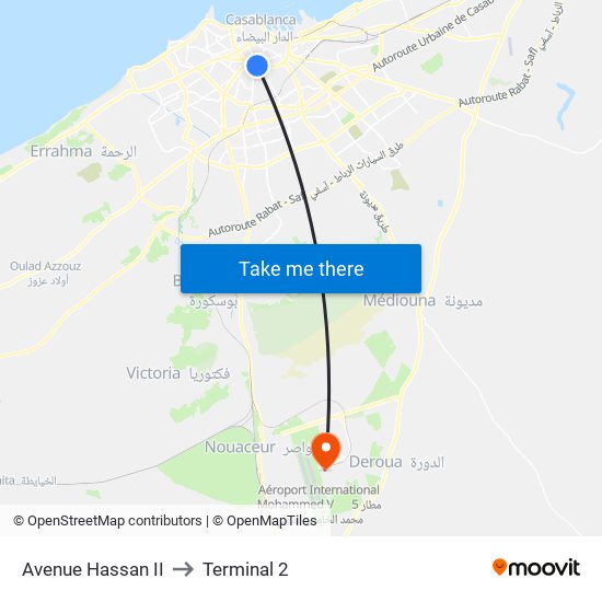 Avenue Hassan II to Terminal 2 map