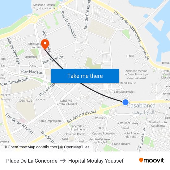 Place De La Concorde to Hôpital Moulay Youssef map