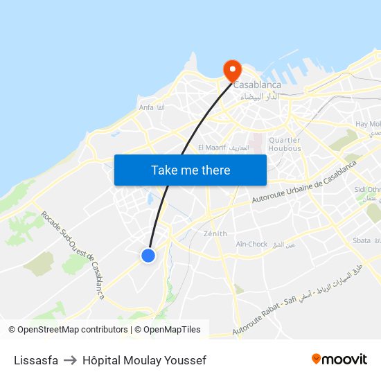 Lissasfa to Hôpital Moulay Youssef map