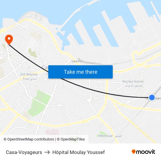 Casa-Voyageurs to Hôpital Moulay Youssef map