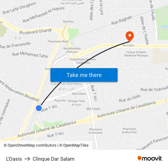 L'Oasis to Clinque Dar Salam map