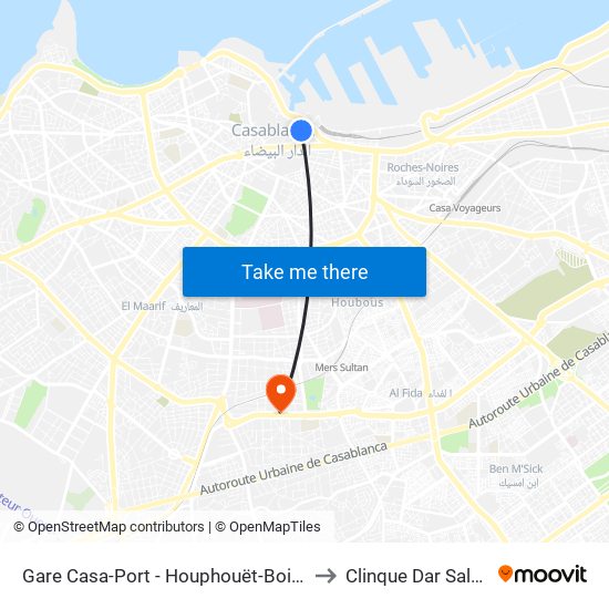 Gare Casa-Port - Houphouët-Boigny to Clinque Dar Salam map