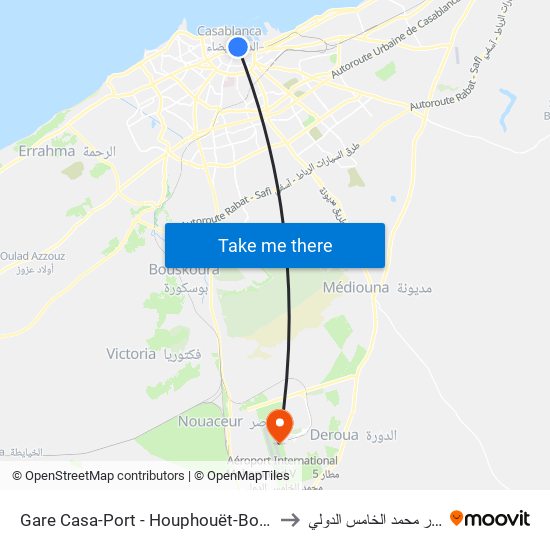 Gare Casa-Port - Houphouët-Boigny to مطار محمد الخامس الدولي map