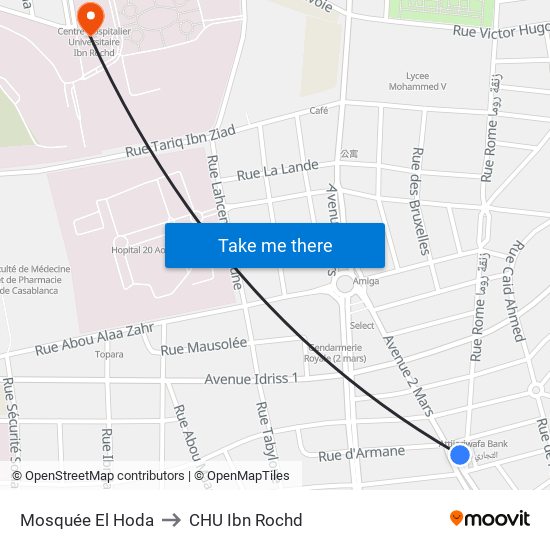 Mosquée El Hoda to CHU Ibn Rochd map