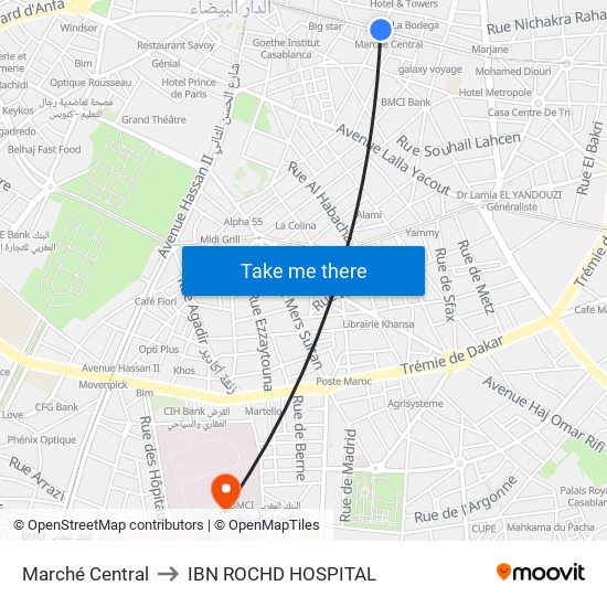 Marché Central to IBN ROCHD HOSPITAL map