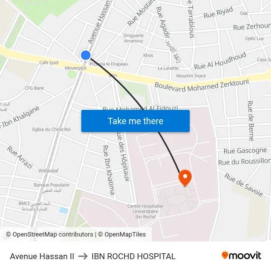 Hassan II Avenue to Ibn Rochd Hospital map