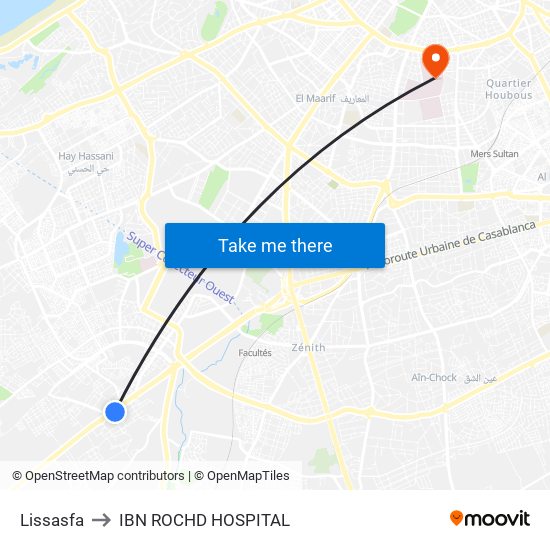 Lissasfa to IBN ROCHD HOSPITAL map