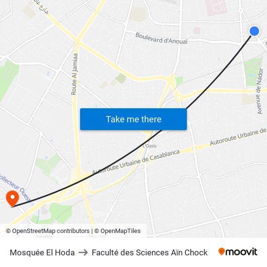 Mosquée El Hoda to Faculté des Sciences Aïn Chock map