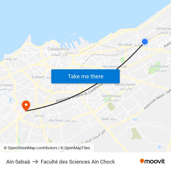 Aïn-Sebaâ to Faculté des Sciences Aïn Chock map