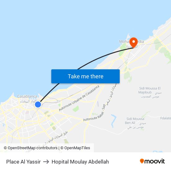 Place Al Yassir to Hopital Moulay Abdellah map