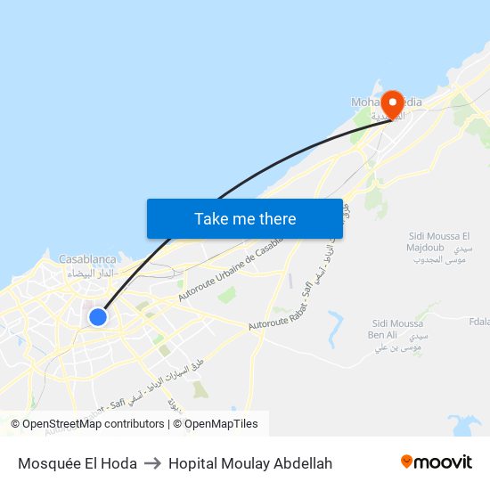 Mosquée El Hoda to Hopital Moulay Abdellah map