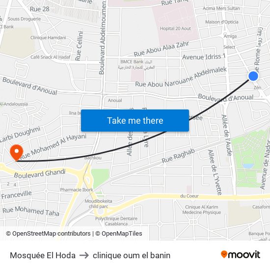 Mosquée El Hoda to clinique oum el banin map