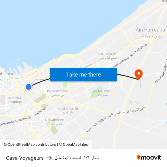 Casa-Voyageurs to مطار الدارالبيضاء تيط ملّيل map