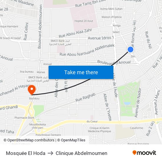 Mosquée El Hoda to Clinique Abdelmoumen map