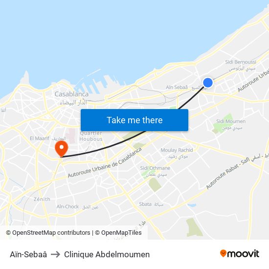 Aïn-Sebaâ to Clinique Abdelmoumen map