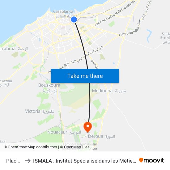 Place Al Yassir to ISMALA : Institut Spécialisé dans les Métier de l'Aéronautique et de la Logistique Aéroportuaire map