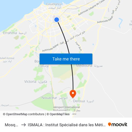 Mosquée El Hoda to ISMALA : Institut Spécialisé dans les Métier de l'Aéronautique et de la Logistique Aéroportuaire map