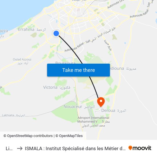 Lissasfa to ISMALA : Institut Spécialisé dans les Métier de l'Aéronautique et de la Logistique Aéroportuaire map
