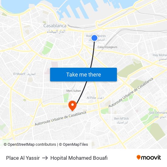 Place Al Yassir to Hopital Mohamed Bouafi map