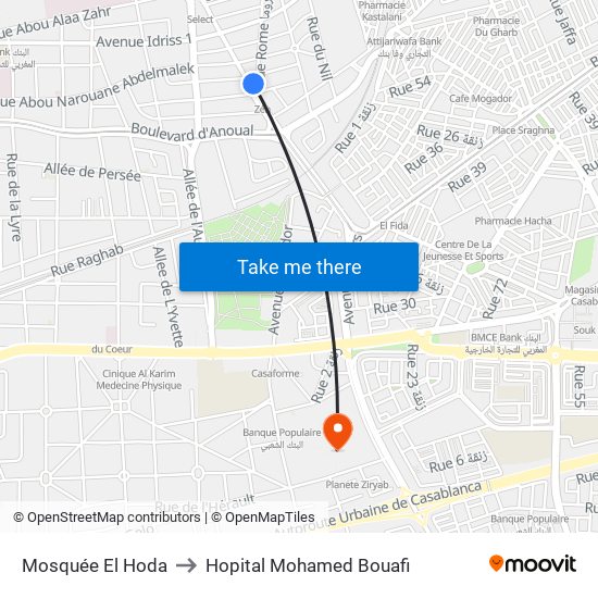 Mosquée El Hoda to Hopital Mohamed Bouafi map