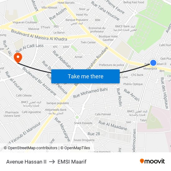 Avenue Hassan II to EMSI Maarif map