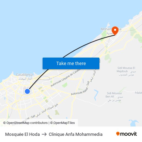 Mosquée El Hoda to Clinique Anfa Mohammedia map
