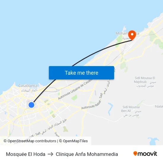 Mosquée El Hoda to Clinique Anfa Mohammedia map