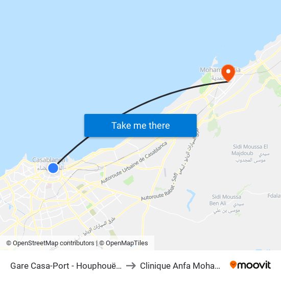 Gare Casa-Port - Houphouët-Boigny to Clinique Anfa Mohammedia map