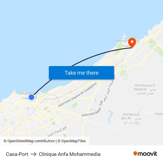 Casa-Port to Clinique Anfa Mohammedia map